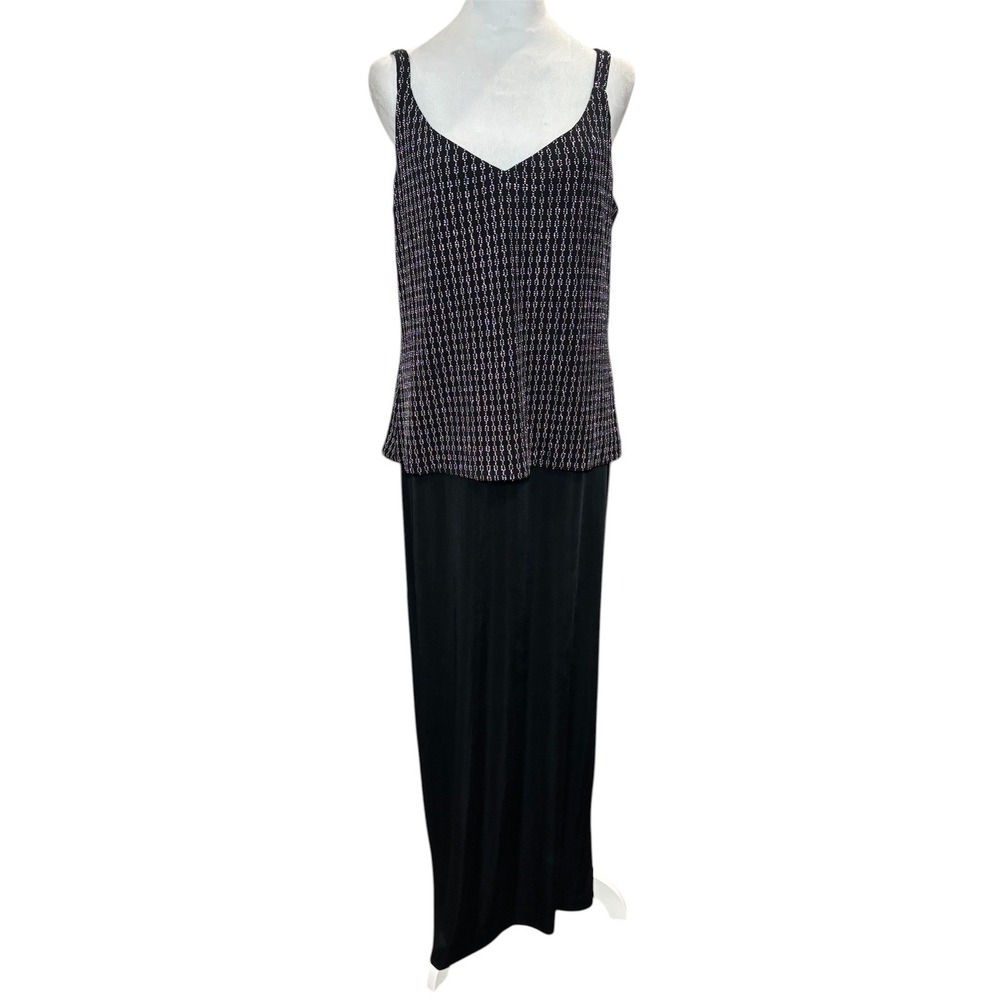 Alex Evenings Beaded Formal Gown Size 12 Black Silver‎ Spaghetti Strap Maxi - Picture 2 of 13